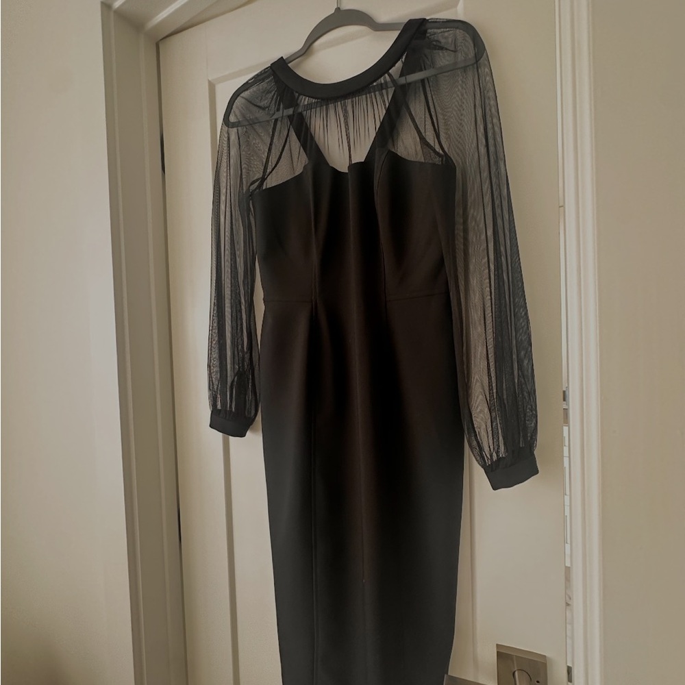 Maggy London Black Sheer-Sleeve Midi Dress